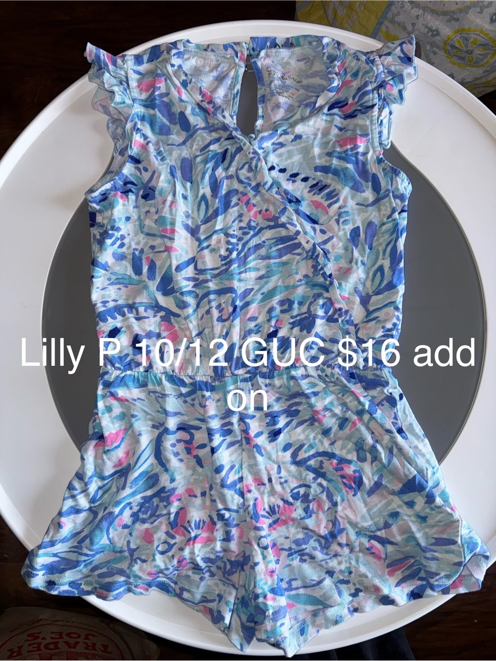 Lilly Pulitzer Light Blue Floral Print Romper with Pink & Navy Accents